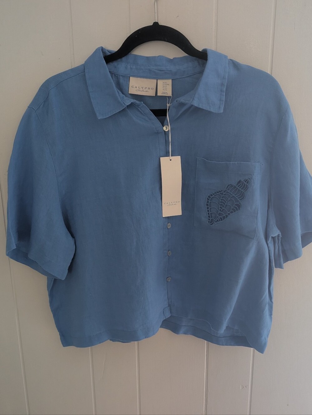 NWT Calypso St. Barth Blue Linen Cropped Button Dow Shirt with Pocket Embroidery